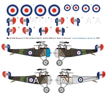 Peddinghaus-Decals 1:48 4300 Nieuport 17 & 23 of Albert Ball VC, British WWI Ace
