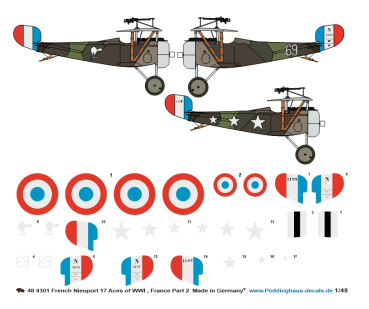 Peddinghaus-Decals 1:48 4301 French Nieuport 17 Aces of WWI - Part 2 (early, camouflaged), Massenet - Pendaries- Pillon