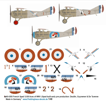 Peddinghaus-Decals 1/48 4355 French Spad S. XIII Aces of WWI (SPAD-built, early pre-porduction: Deullin, Guynemer & De Turnnee