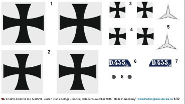 Peddinghaus-Decals 1/32 4418 Albatros D.I, S.435/16, Jasta 1,Hans Bethge , France, October/November 1916