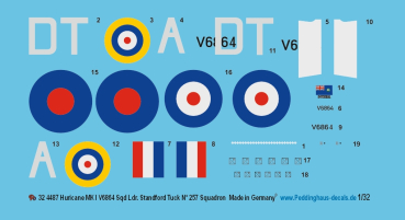 Peddinghaus-Decals 1/32  4487 Huricane MK I V6864 Sqd Ldr. Standford Tuck N° 257 Squadron