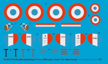 Peddinghaus -Decals 1 /32 4537 N 124 Escadrille Lafayette, Nieuport 17 Aces of WWI - Lufbery - Parsons - Thaw