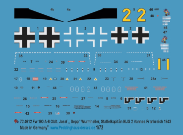 Peddinghaus-Decals 1/72 4612 Fw 190 A-6 Oblt.  Josef "Sepp" Wurmheller, Staffelkapitän  9. /JG 2 , Vannes, France 1943