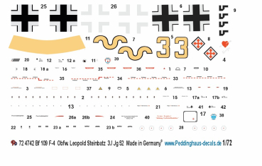 Peddinghaus-Decals 1:72 4742 Bf 109 F4 Obfw. Leopold Steinbatz 3. JG 52 , Juni 1942