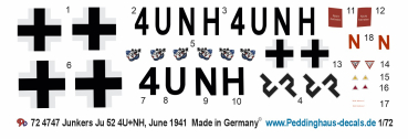 Peddinghaus-Decals 1-72 4747 Junkers Ju 52 4U+NH  1.(F)/123, (Derna/ Libya, Northern Africa, June 1941