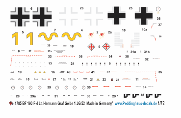 Peddinghaus-Decals 1-72 4785 BF 190 F-4 Lt. Hermann Graf Gelbe 1 JG 52