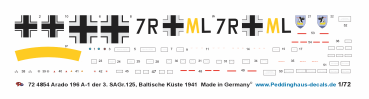 Peddinghaus-Decals 1-72 4854 Arado 196 A1  der 3. SAGr.125, Baltische Küste