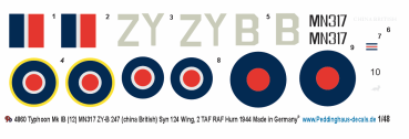 Peddinghaus-Decals 1-48 4860 Typhoon Mk IB (12) MN317 ZY-B 247 (china British) Syn 124 Wing, 2 TAF RAF Hurn 1944