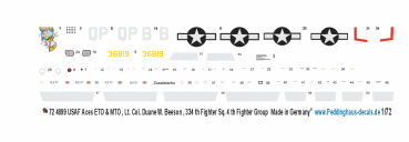 Peddinghaus-Decals 1-72 4899 USAF Aces ETO & MTO Lt. Col. Duane W. Beeson, 334 th Fighter Sq.4 th Figter Group