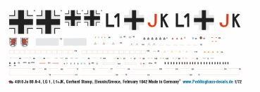 Peddinghaus-Decals 1-72 4910 Ju 88 A-4, LG 1, L1+JK, Gerhard Stamp, Eleusis/Greece, February 1942