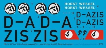 Peddinghaus-Decals 1/72 3575 Ju 52/3m Regierungsstaffel " Horst Wessel " D-AZIS"
