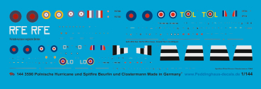 Peddinghaus-Decals 1:144 3590 3 english fighters - 1 polnish Hurricane and Spitfire Screwball Beurlin and Clostermann