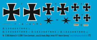 Peddinghaus-Decals 1/72 3663 Albatros D.V D.2299/17 Xaver Dannhuber, Jasta 26, Abeele, Belgien , Herbst 1917