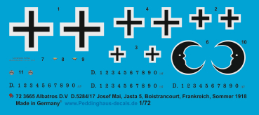 Peddinghaus-Decals 1/72 3665 Albatros D.V , D.5284/17 Josef Mai, Jasta 5 , Boistrancourt, Frankeich, Sommer 1918