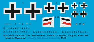 Peddinghaus-Decals 1/72 3667 Albatros D.Va Max Näther, Jasta 62, Lbalatra, Belgien, Juni 1918