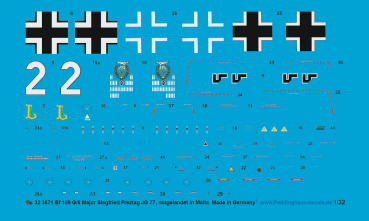 Peddinghaus-Decals 1:32  3671 BF 109 G-2 Oberlt. Siegfried Freytag, Staffelkapitän 1. JG 77, 1942 Malta