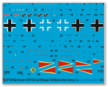 Peddinghaus-Decals 1/72 1467 Major Hermann Graf Bf 109 G JGr 50 Wiesbaden 1943