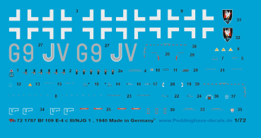 Peddinghaus-Decals 1:72  1787  Bf 109 E-4 c , III/NJG1 Deutschland 1940