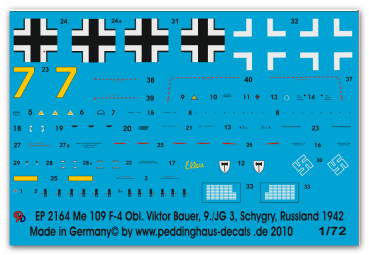 Peddinghaus-Decals 1/72 2164 Bf 109 F-4 Oblt. Viktor Bauer, 9/JG 3 Schygry, Russland 1942