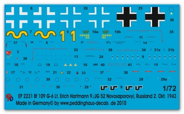Peddinghaus-Decals 1/72 2231 Bf 109 G-6 Lt. Erich Hartmann9./JG 52 Novosaporovyi, Russland Okt 43