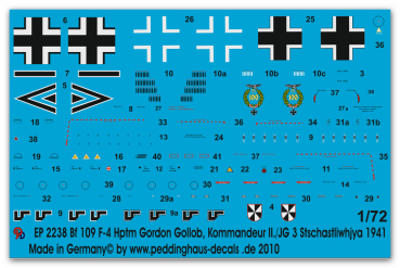 Peddinghaus-Decals 1/72 2238 BF 109 F-4 Hptm . Gordon Gollob, Kommandeur II./JG 3 Stschastliwhja 1941