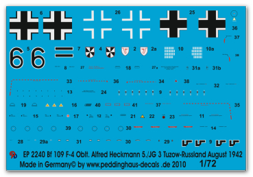 Peddinghaus-Decals 1/72 2240 Bf 109 F-4 Oblt. Alfred Heckmann 5./JG 3 Tuzow-Russland August 1942