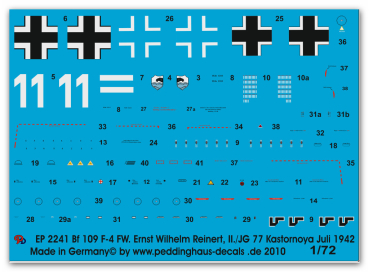 Peddinghaus-Decals 1/72 2241 Bf 109 F-4 Fw. Ernst Wilhelm Reinert, II/JG 77 Kastornoya Juli 1942
