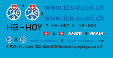Peddinghaus-Decals 1/72 2403 Ju 52 " Ju-Air-Schweiz TCS-Zürich Maschine HB-HOY