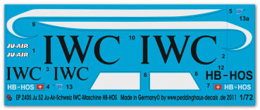Peddinghaus-Decals 1/72 2405 Ju 52 " Ju -Air-Schweiz  IWC-Maschine HB-HOS