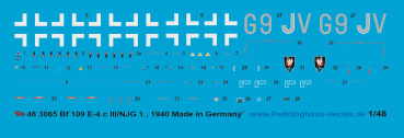 Peddinghaus-Decals 1/48 3065 Bf 109 E-4 c , III/NJG1 Deutschland 1940