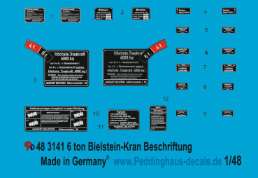 Peddinghaus-Decals 1:48 3141  Beschriftung für 6 ton Bielsteinkran Typ G07.04