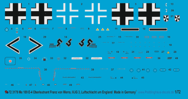 Peddinghaus-Decals 1/72 3179 Me 109 E-4 Oberleutnant Franz von Werra, II/JG 3, Luftschlacht um England