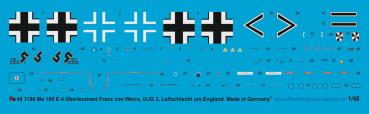 Peddinghaus-Decals 1:48 3180 Me 109 E-4 Oberleutnant Franz von Werra, II/JG 3, Luftschlacht um England