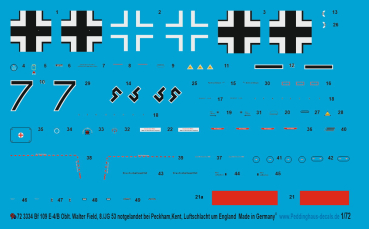 Peddinghaus-Decals 1/72 3334 Bf 109-E-4/B Oblt. Walter Field, 8/JG 53 nach Abschuss notgelandet in Peckham,Kent am 2.10.1940