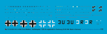 Peddinghaus-Decals 1/72 3335 Bf 110 C-4 Oblt. Ernst Matthes Staffelkapitän 7./ZG 26 notgelandet in Cherbourg am 25.09.1940