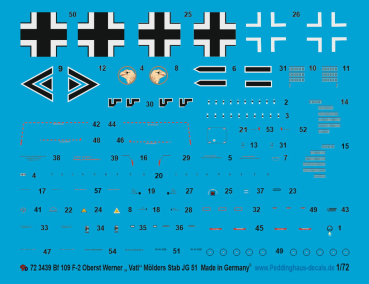 Peddinghaus-Decals 1/72 3439 Bf 109 F-2  Oberst Werner Mölders , Stab JG 51 mit 2 verschiedenen Abschußmarkierungen