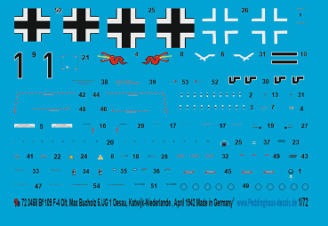 Peddinghaus-Decals 1/72 3458 Bf 109 F-4 Olt. Max Bucholz 5./JG1 Oesau Katwijk- Niederlande, April 1942