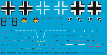 Peddinghaus-Decals 1/32 3568 Bf 109 E-7 Trop Lt. Werner Schröer 19.07.1941, Ain el. Gazala, Afrika JG 27
