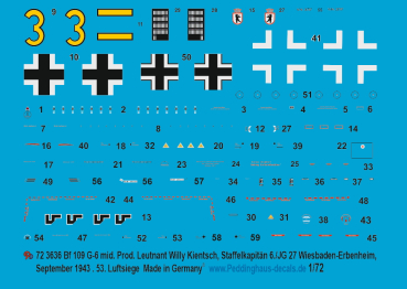 Peddinghaus-Decals 1:72 3636 Bf 109 G-6 mid. Prod. Leutnant Willy Kientsch, Staffelkapitäm 6./ JG 27, Wiesbaden-Erbenheim, September 1943
