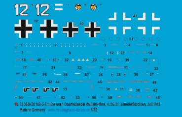 Peddinghaus-Decals 1:72 3638 Bf 109 G-6 frühe Ausf. Oberfeldwebel Wilhelm Mink, 4./JG 51, Senorbi/Sardinen, Juli 1943