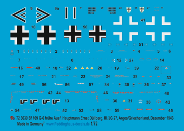 Peddinghaus-Decals 1:72 3639 Bf 109 G-6 frühe Ausf. Hauptmann Ernst Düllberg, III./JG 27, Argos/Griechenland, Dezember 1943