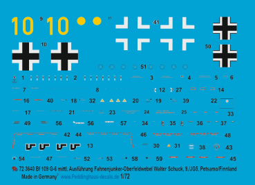 Peddinghaus-Decals 1:72 3640 Bf 109 G-6 mittl. Ausf. Fahnenjunker-Oberfeldwebel Walter Schuck, 9./JG5, Petsamo, Finnland, Juni 1944
