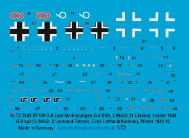 Peddinghaus-Decals 1:72 3641 BF 109 G-8 2 Maschinen , früh 2./NAGr.11, Ukraine, Herbst 1944--G-8 spät 2./NAGr 5 Leutnant Tetzner, Okte/Lettland 44/45
