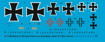 Peddinghaus-Decals 1/72 3649 Albatros D.V 2329 Jasta 26 Otto Fruhner, Abeete, Belgien, Oktober 1917