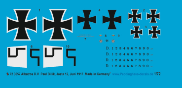Peddinghaus-Decals 1/72 3657 Albatros D.V Paul Billik, Jasta 12, Frankreich, Juni 1917