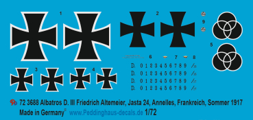 Peddinghaus-Decals 1:72 3688 Albatros D.III Freidrich Altemeier, Jasta 24, Annelles, Frankreich , Sommer 1917