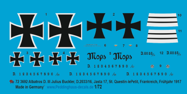 Peddinghaus-Decals 1:72 3692 Albatros D. III Juluis Buckler, D.2033/16, Jasta 17, St. Questin-le Petit, Frankreich, Frühjahr 1917