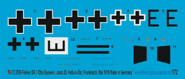 Peddinghaus-Decals 1/72 3706 Fokker DR.I Otto Esswein, Jasta 26, Halluin-Ost, Frankreich, Mai 1918