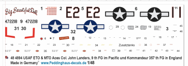 Peddinghaus-Decals 1-48 4894 USAF Aces ETO & MTO P-51 D Col: John Landers 9th FG /Pacific & 357th FG Europa