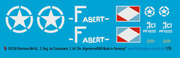 Peddinghaus-Decals 1:16 1230 Sherman M4 A3 2. Reg de Cuirassiers , 3. Inf . Div Algerienne